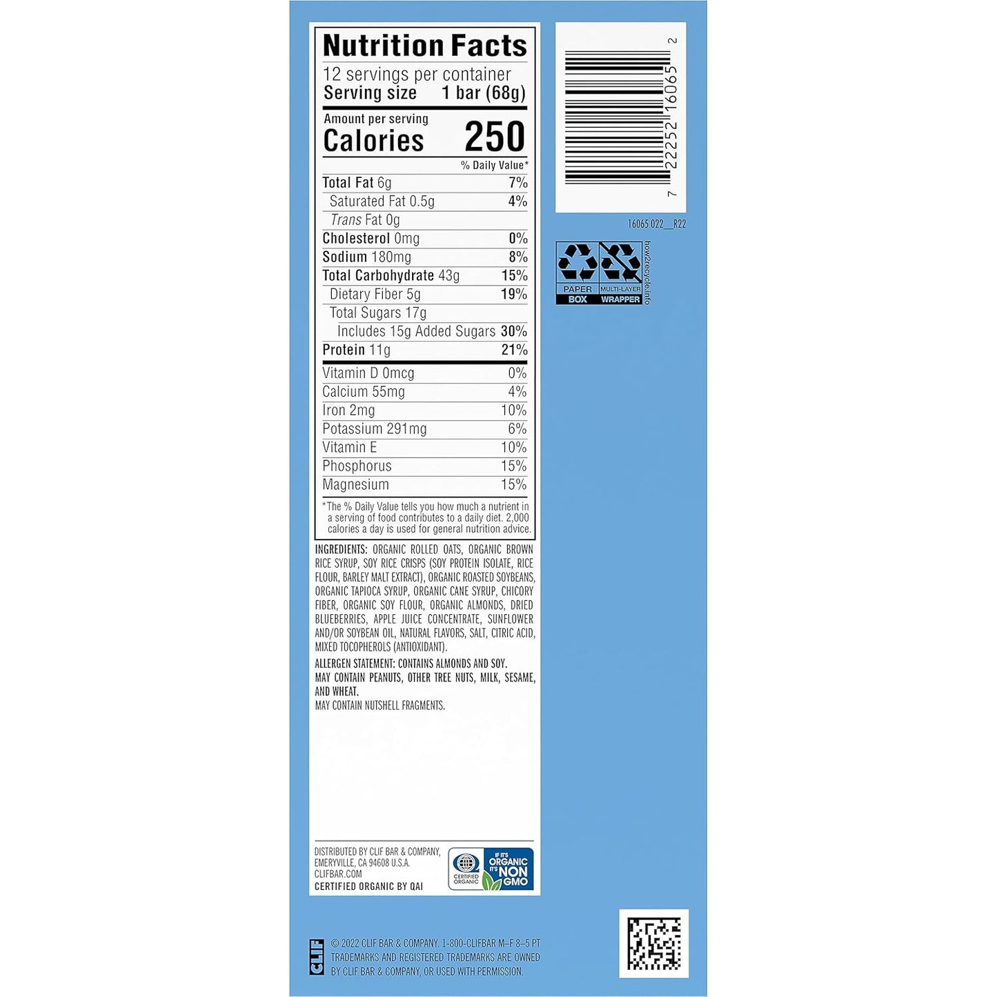 Organic Blueberry Almond Crisp Energy Bars - Non-GMO Plant Based Snack - 2.4 oz. (12 Pack)