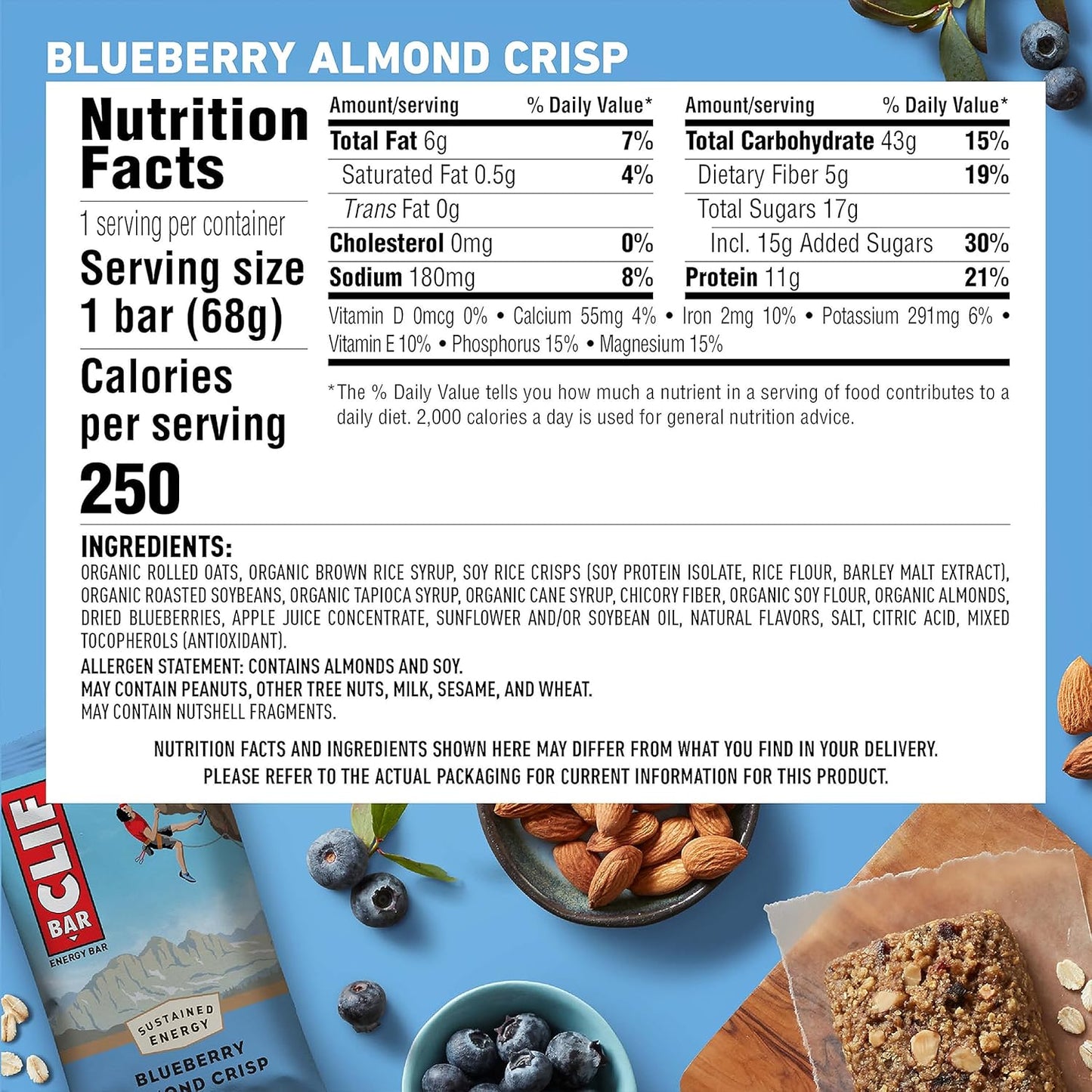 Organic Blueberry Almond Crisp Energy Bars - Non-GMO Plant Based Protein (10 Pack)