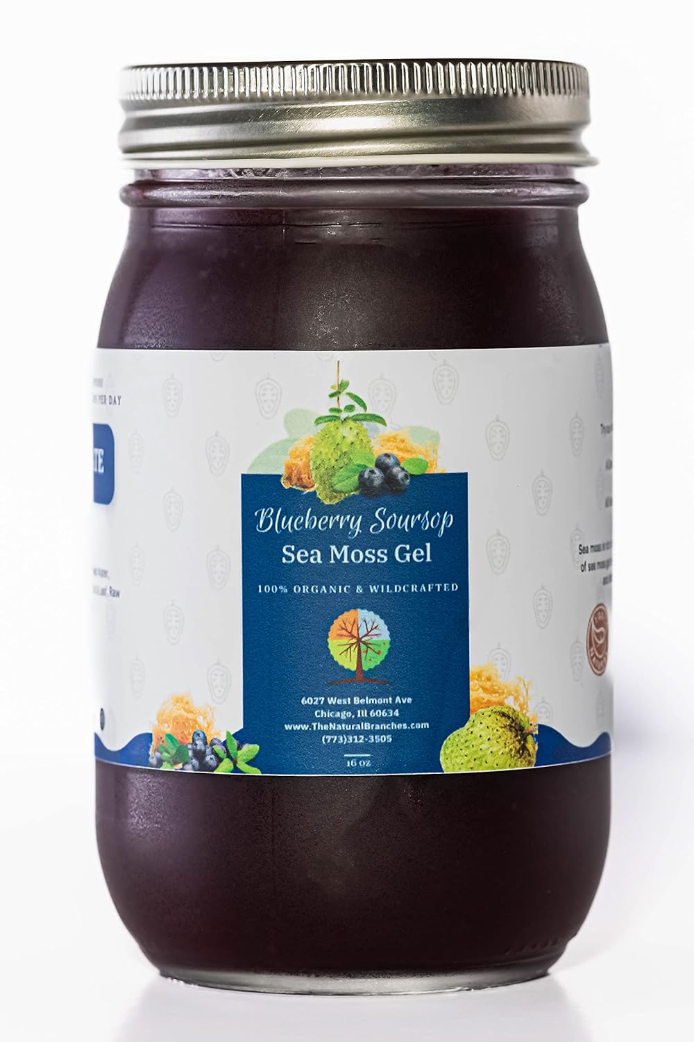Organic Blueberry and Soursop Fruit Sea Moss Gel 16oz - USDA Certified, Wildcrafted Saint Lucia Seamoss Gel - Made in USA