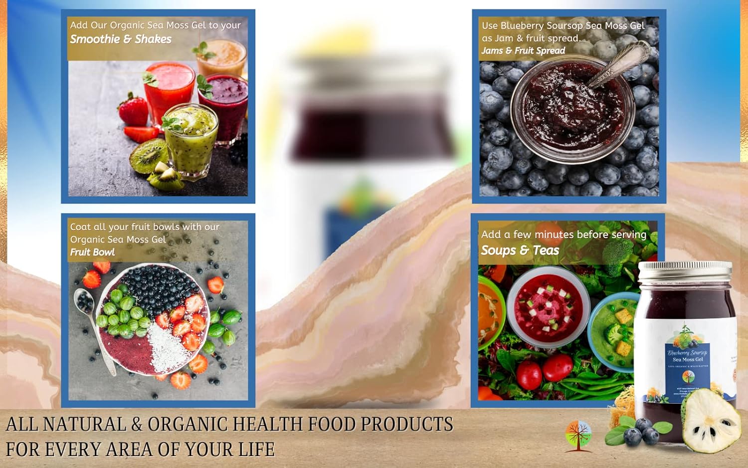 Organic Blueberry and Soursop Fruit Sea Moss Gel 16oz - USDA Certified, Wildcrafted Saint Lucia Seamoss Gel - Made in USA