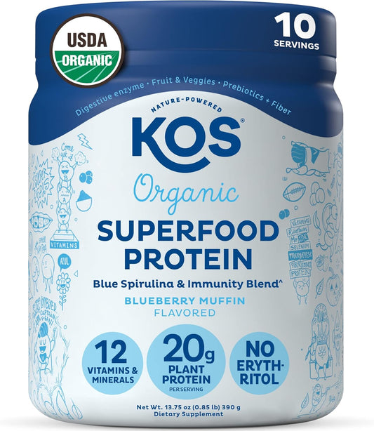 Organic Blueberry Muffin Plant Based Protein Powder with Spirulina - Vegan Meal Replacement for Women & Men - 10 Servings - Gluten, Soy, Dairy Free