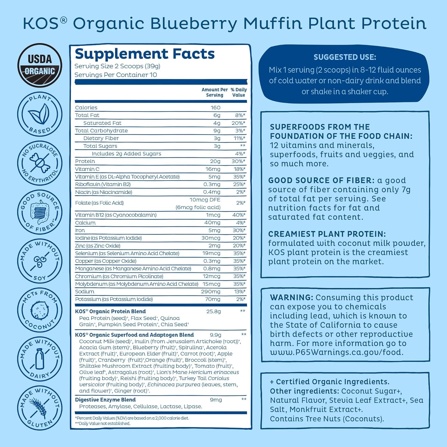 Organic Blueberry Muffin Plant Based Protein Powder with Spirulina - Vegan Meal Replacement for Women & Men - 10 Servings - Gluten, Soy, Dairy Free