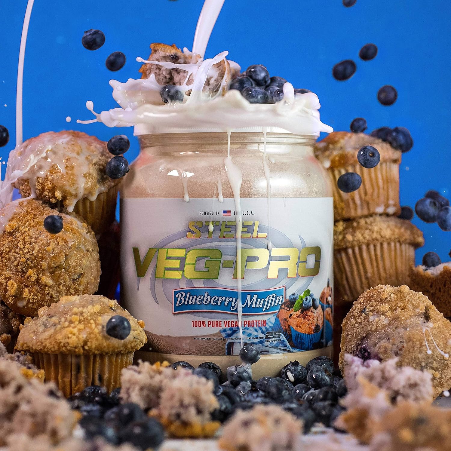 Organic Blueberry Muffin Vegan Protein Powder - Steel Supplements Veg-PRO, Gluten/Dairy/Soy Free, Non GMO - BCAA Amino Acids, 25 Servings