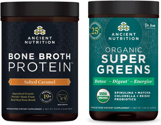 Organic Bone Broth Protein Powder with Salted Caramel Flavor + Supergreens Powder in Greens Flavor, 45 Servings