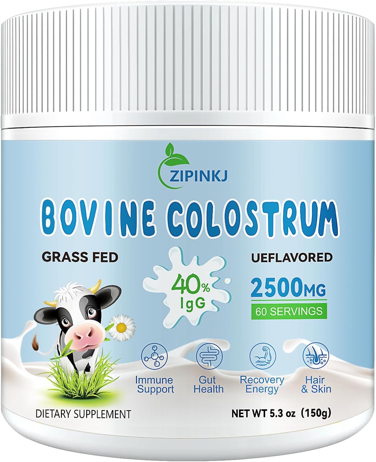 Organic Bovine Colostrum Powder 2500mg - Grass-Fed Cows, 40% IgG, Gut & Immune Support - Unflavored, Easy to Mix - 60 Servings