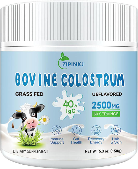 Organic Bovine Colostrum Powder 2500mg - Grass-Fed Cows, 40% IgG, Gut & Immune Support - Unflavored, Easy to Mix - 60 Servings