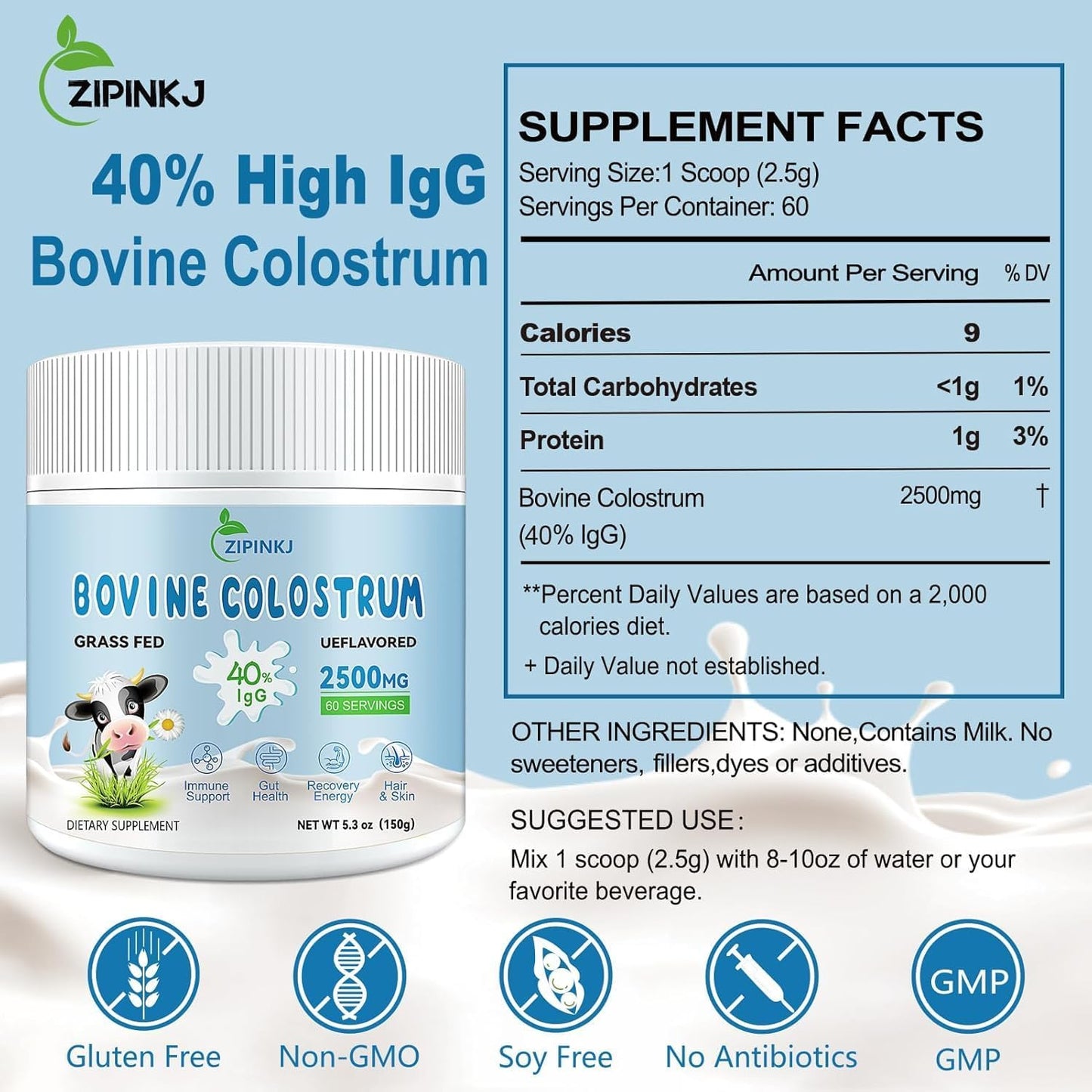 Organic Bovine Colostrum Powder 2500mg - Grass-Fed Cows, 40% IgG, Gut & Immune Support - Unflavored, Easy to Mix - 60 Servings