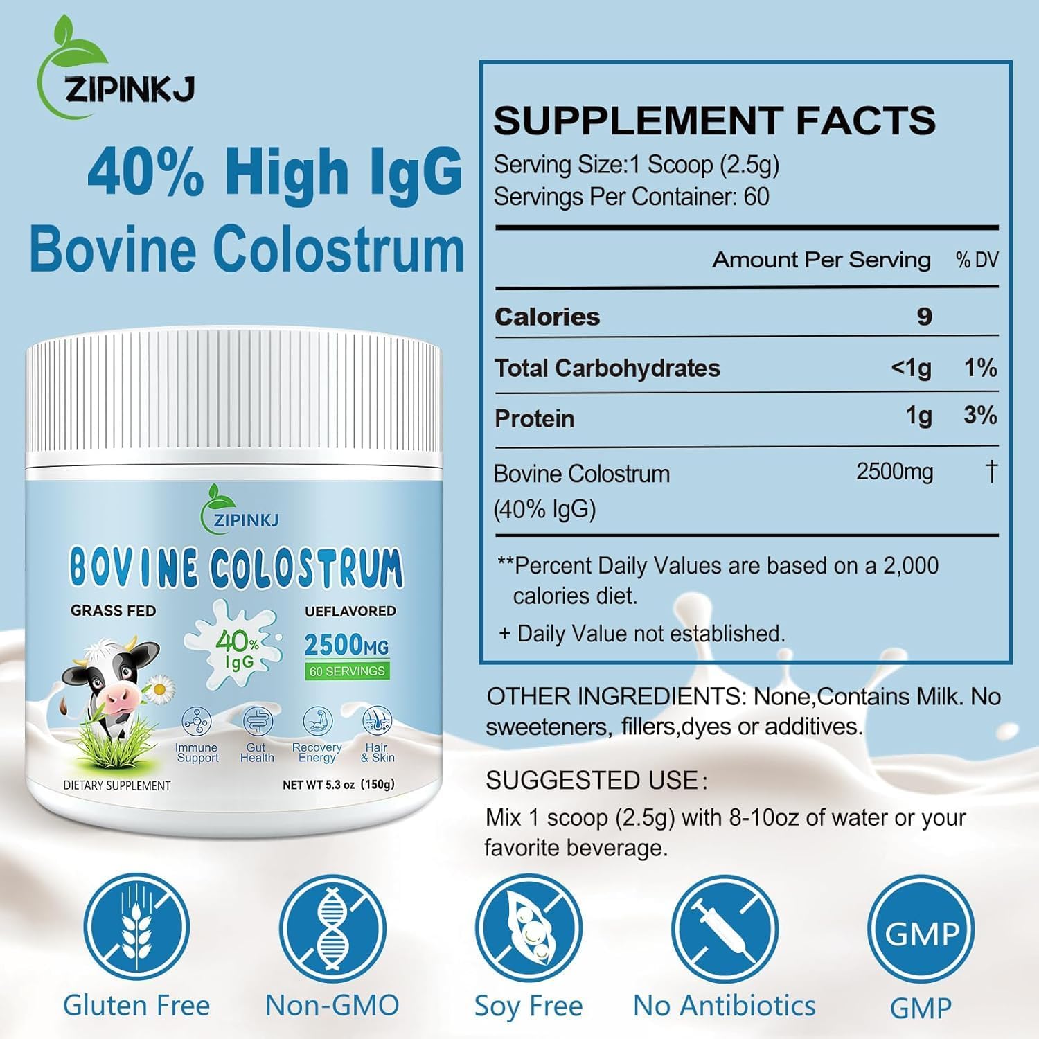 Organic Bovine Colostrum Powder 2500mg - Grass-Fed Cows, 40% IgG, Gut & Immune Support - Unflavored, Easy to Mix - 60 Servings