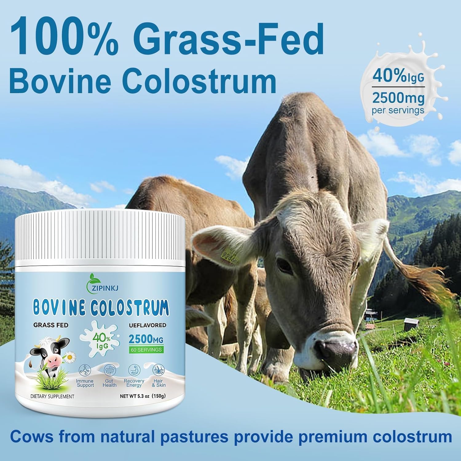 Organic Bovine Colostrum Powder 2500mg - Grass-Fed Cows, 40% IgG, Gut & Immune Support - Unflavored, Easy to Mix - 60 Servings