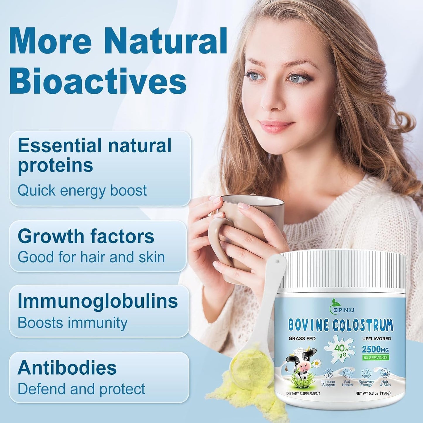 Organic Bovine Colostrum Powder 2500mg - Grass-Fed Cows, 40% IgG, Gut & Immune Support - Unflavored, Easy to Mix - 60 Servings