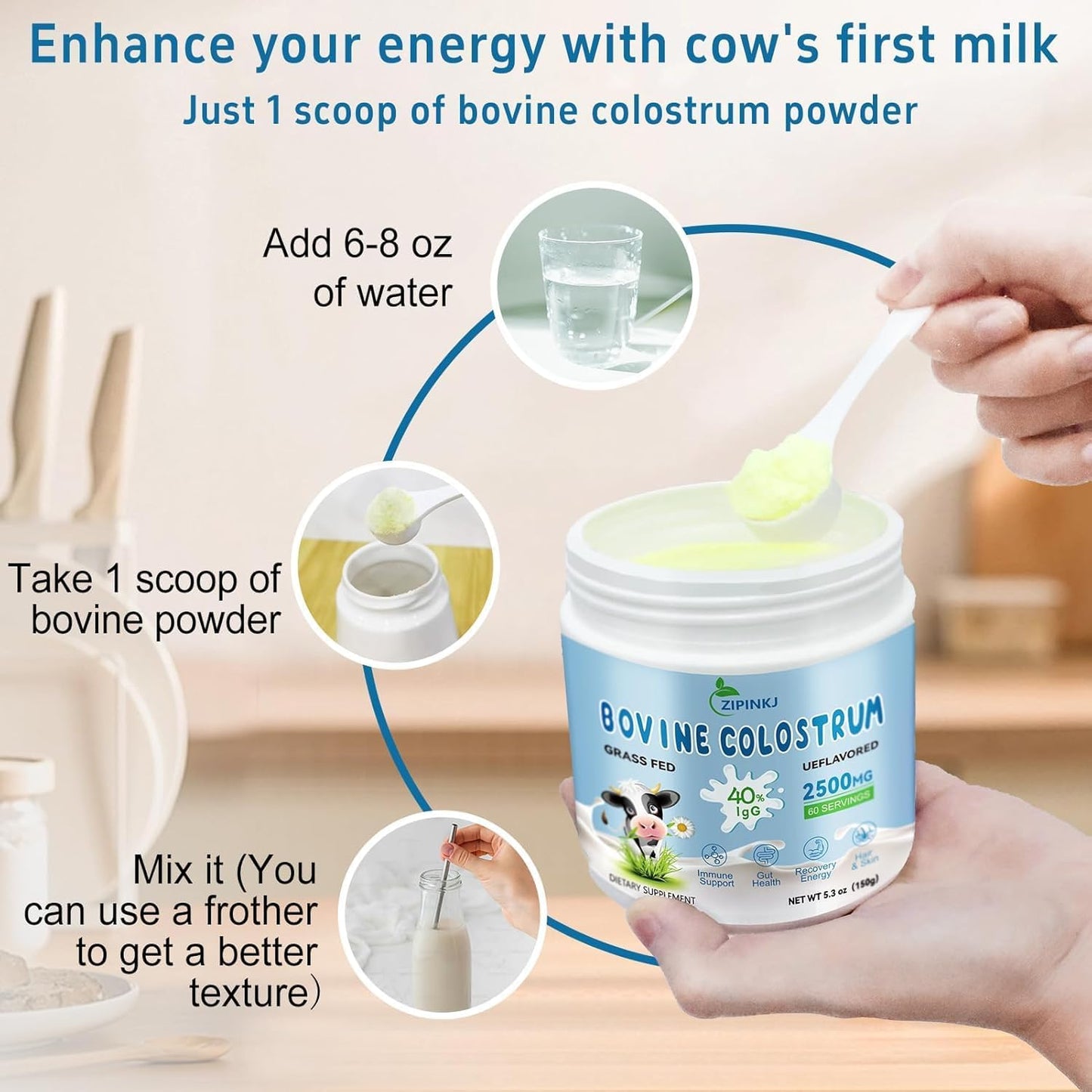 Organic Bovine Colostrum Powder 2500mg - Grass-Fed Cows, 40% IgG, Gut & Immune Support - Unflavored, Easy to Mix - 60 Servings