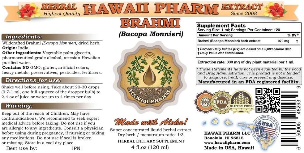 Organic Brahmi Liquid Extract Tincture Supplement - 4 Oz Bottle - Bacopa Monnieri Herbal Remedy from Hawaii Pharm
