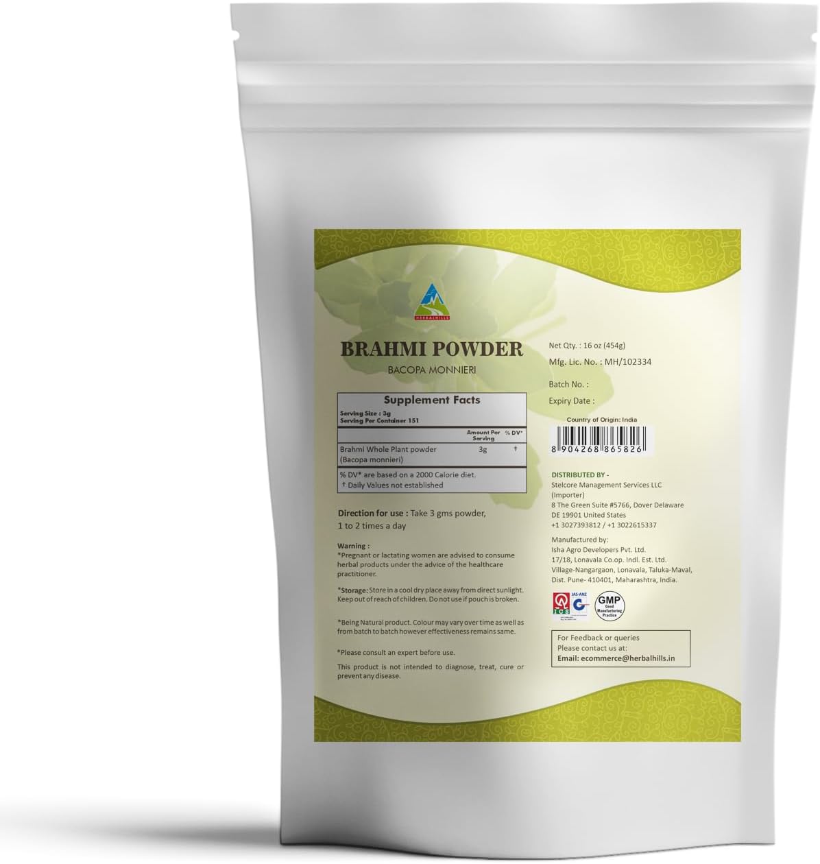 Organic Brahmi Powder 16 oz - Bacopa Monnieri Hair Care Supplement by HERBAL HILLS