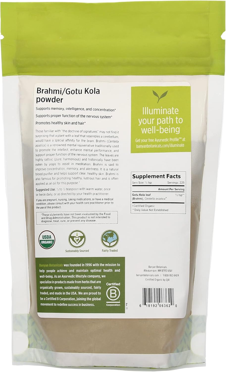 Organic Brahmi/Gotu Kola Powder for Focus, Concentration, and Calm - ½ lb. Vegan & Non-GMO