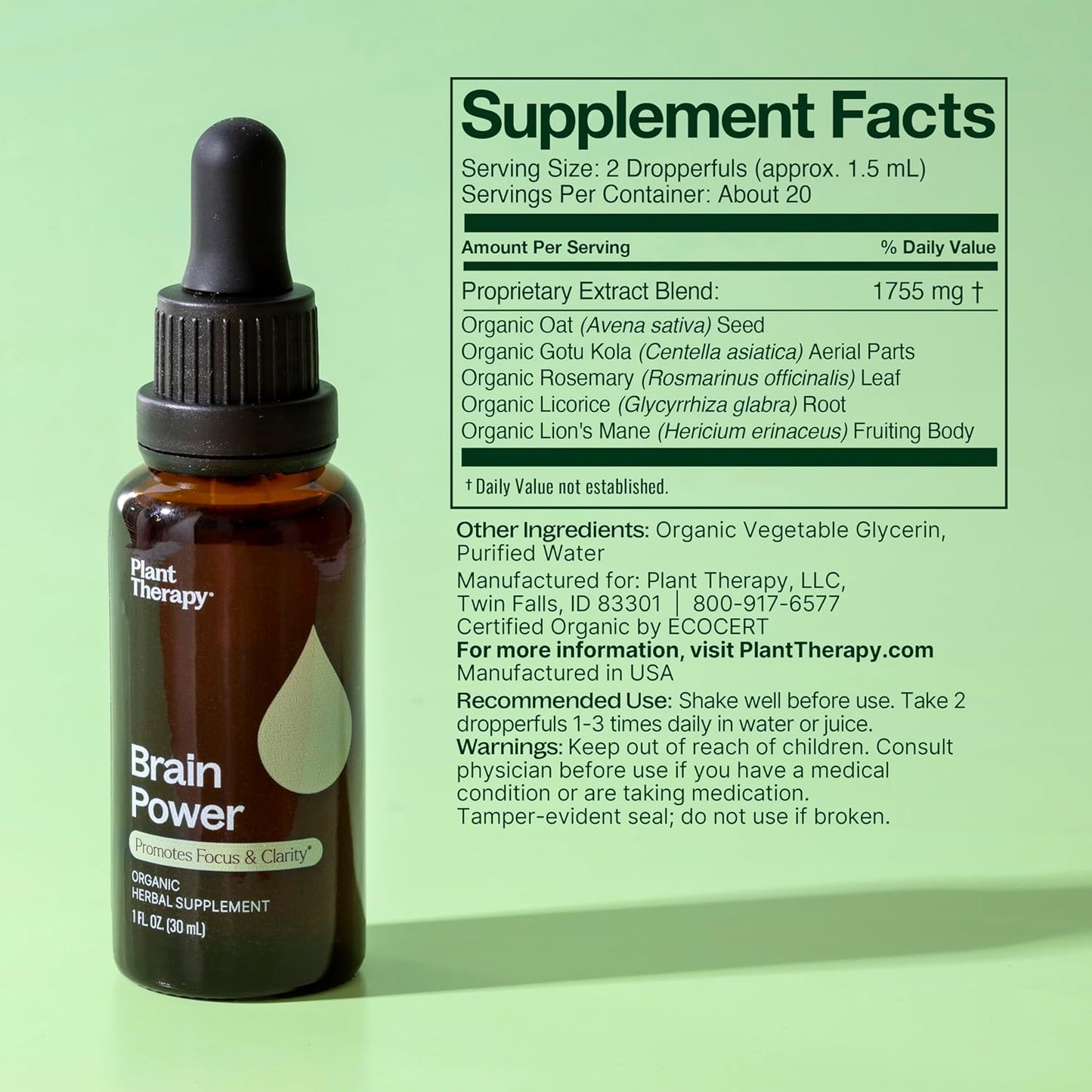 Organic Brain Power Tincture 30 mL - Boosts Brain Focus, Clarity & Memory - Plant Therapy Brain Boost Supplement