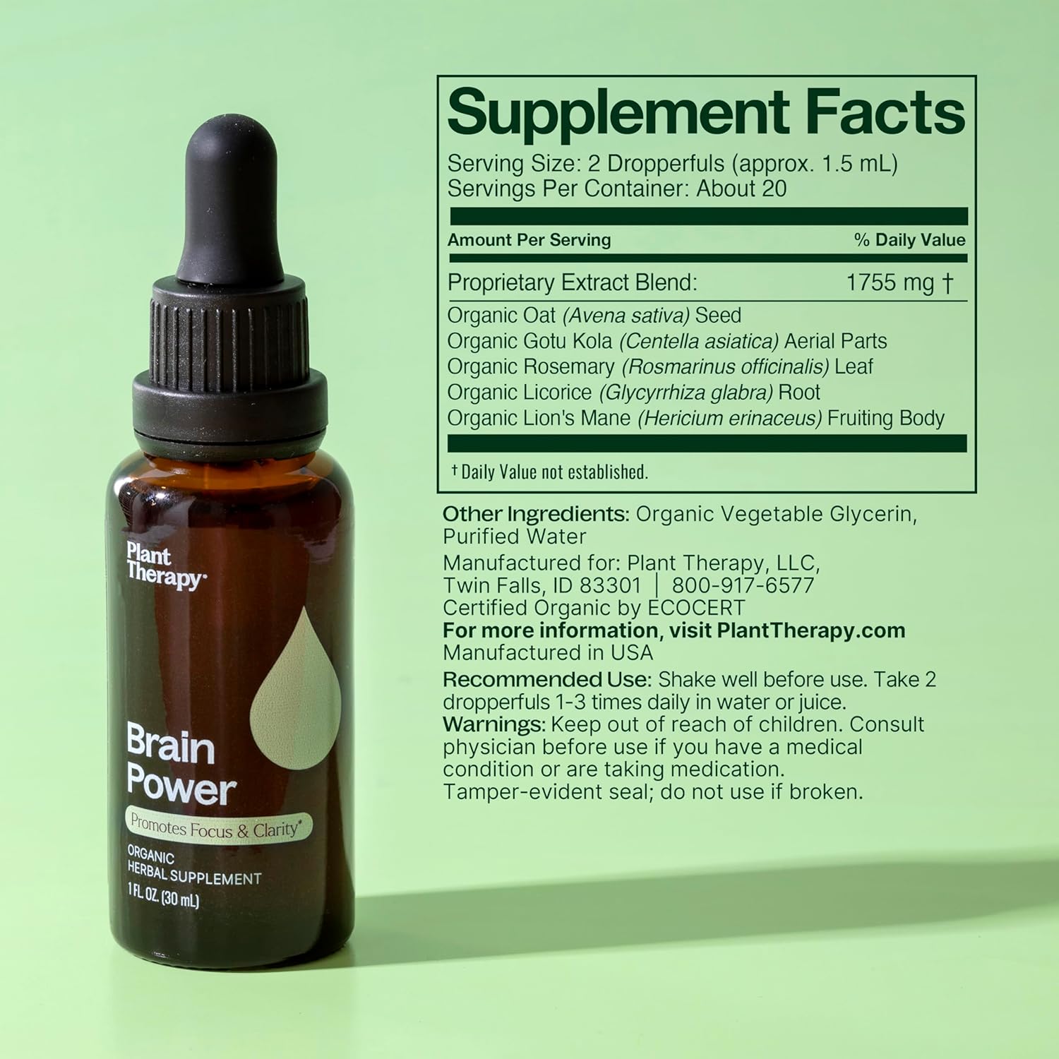 Organic Brain Power Tincture 30 mL - Boosts Brain Focus, Clarity & Memory - Plant Therapy Brain Boost Supplement