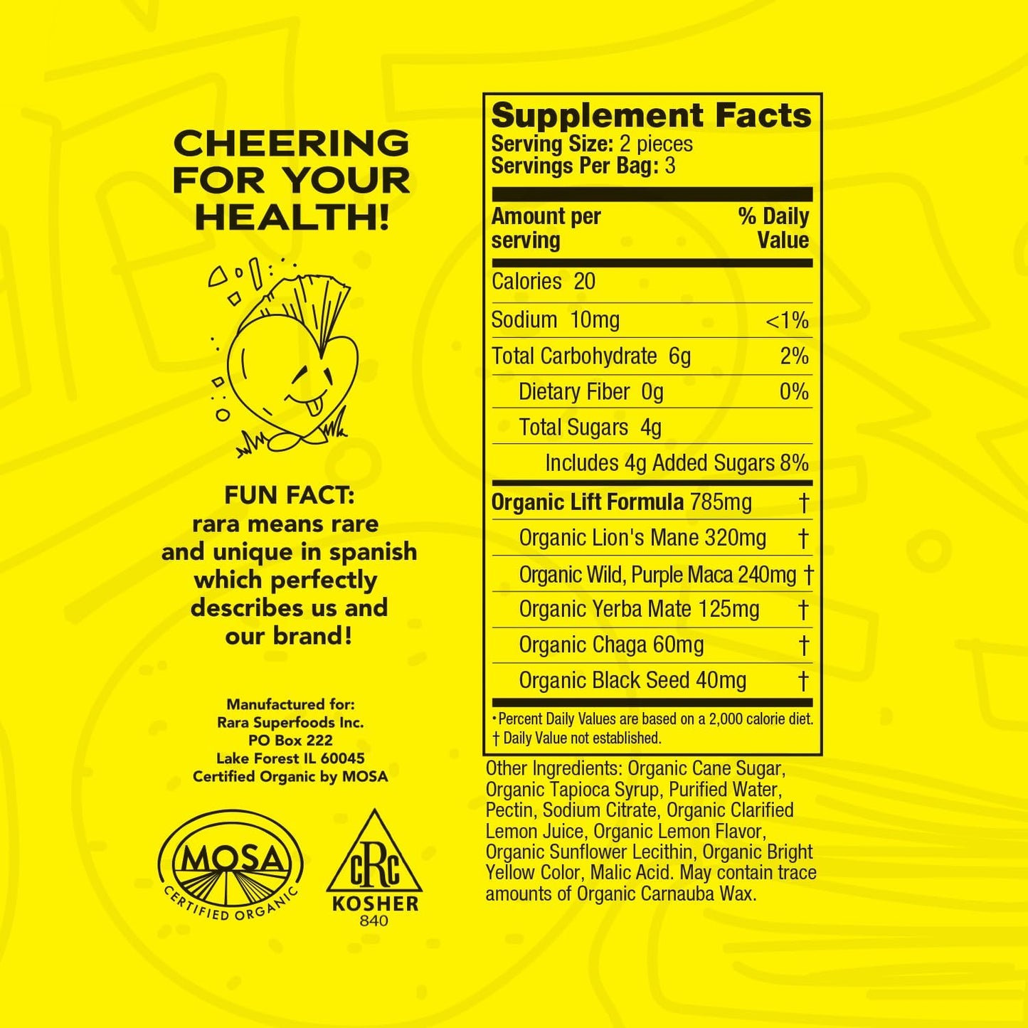 Organic Brain Support Gummies with Yerba Mate & Lion's Mane - Vegan & Gluten-Free - USDA Certified - 6 Gummies per Bag