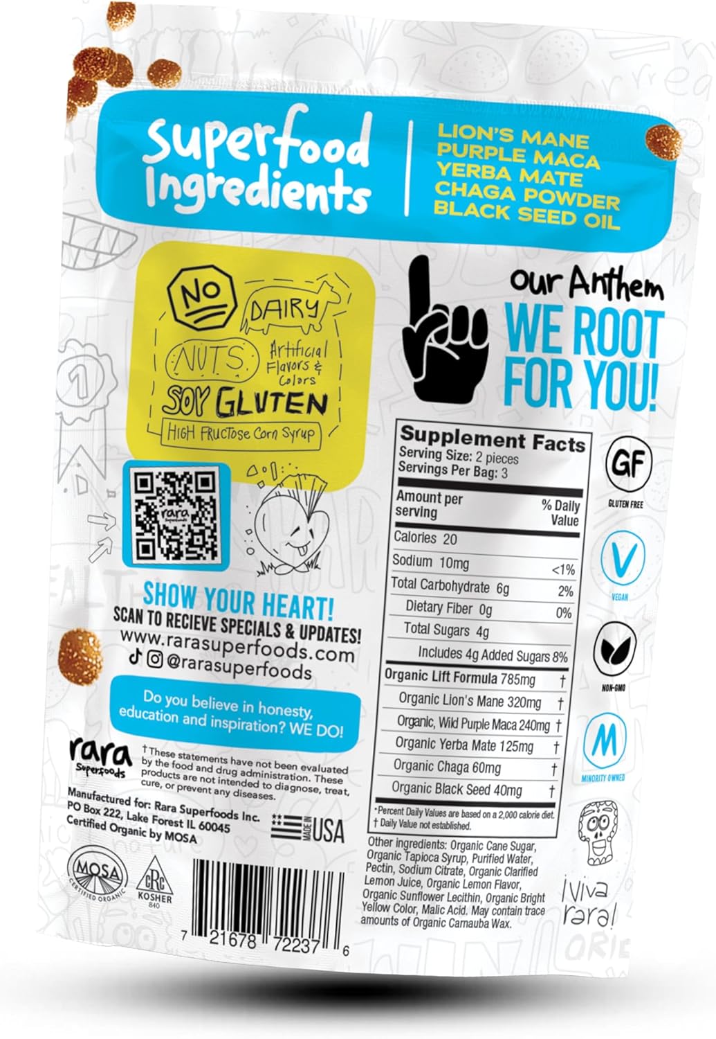 Organic Brain Support Gummies with Yerba Mate & Lion's Mane - Vegan & Gluten-Free - USDA Certified - 6 Gummies per Bag