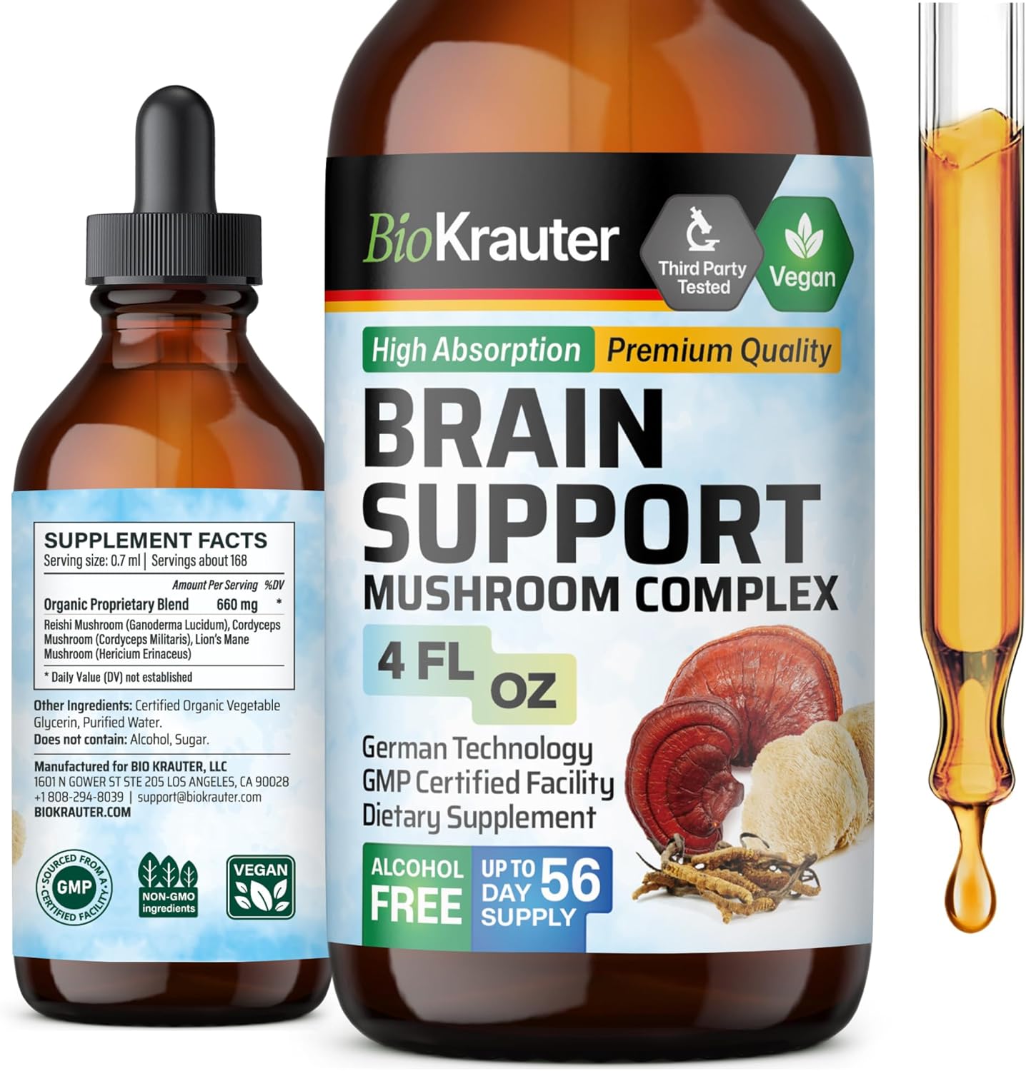 Organic Brain Support Mushroom Tincture - Lions Mane, Cordyceps, Reishi Liquid Extract - Vegan, Alcohol & Sugar Free - 4 Fl.Oz.