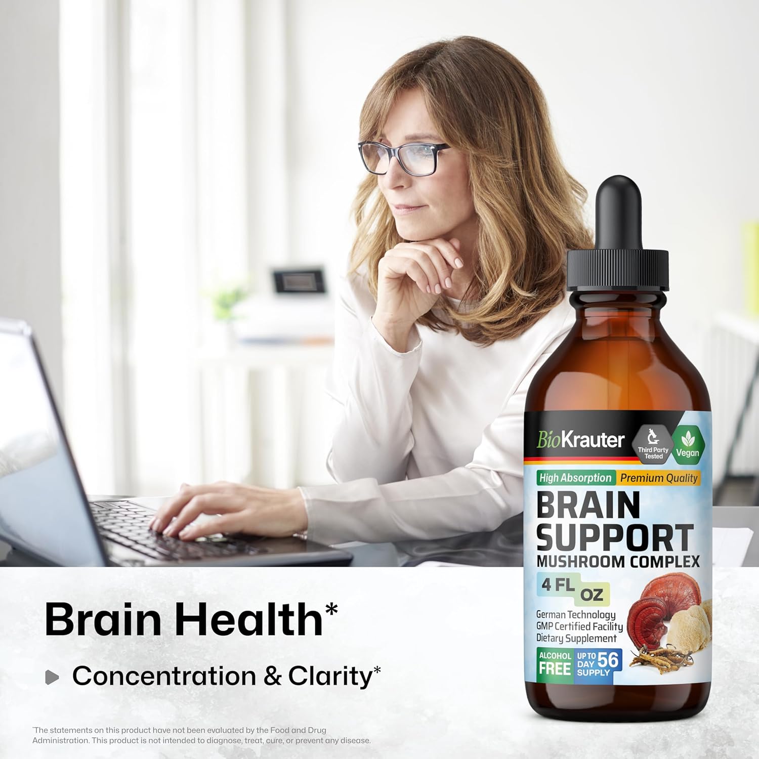 Organic Brain Support Mushroom Tincture - Lions Mane, Cordyceps, Reishi Liquid Extract - Vegan, Alcohol & Sugar Free - 4 Fl.Oz.