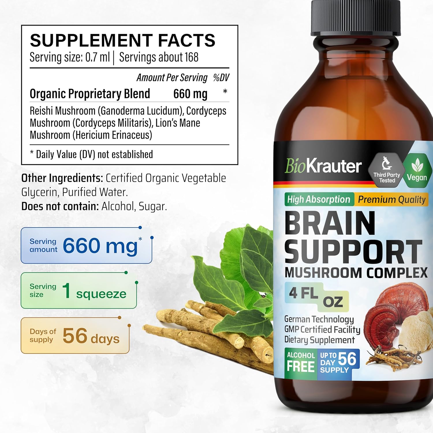 Organic Brain Support Mushroom Tincture - Lions Mane, Cordyceps, Reishi Liquid Extract - Vegan, Alcohol & Sugar Free - 4 Fl.Oz.