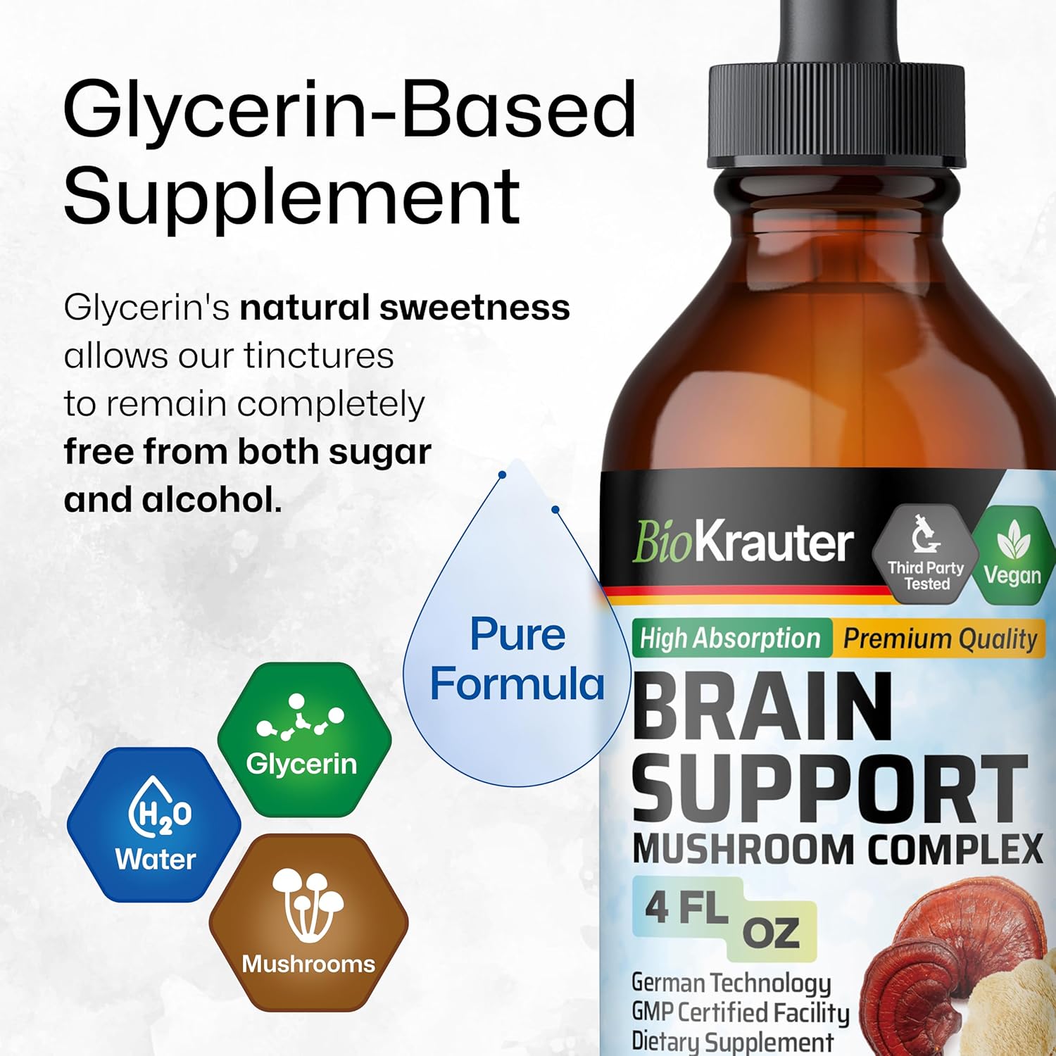 Organic Brain Support Mushroom Tincture - Lions Mane, Cordyceps, Reishi Liquid Extract - Vegan, Alcohol & Sugar Free - 4 Fl.Oz.