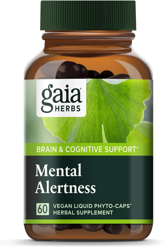 Organic Brain Support Supplement for Focus & Memory - Gaia Herbs Mental Alertness with Eleuthero, Ginkgo, Gotu Kola, Rosemary & Oats - 60 Vegan Caps