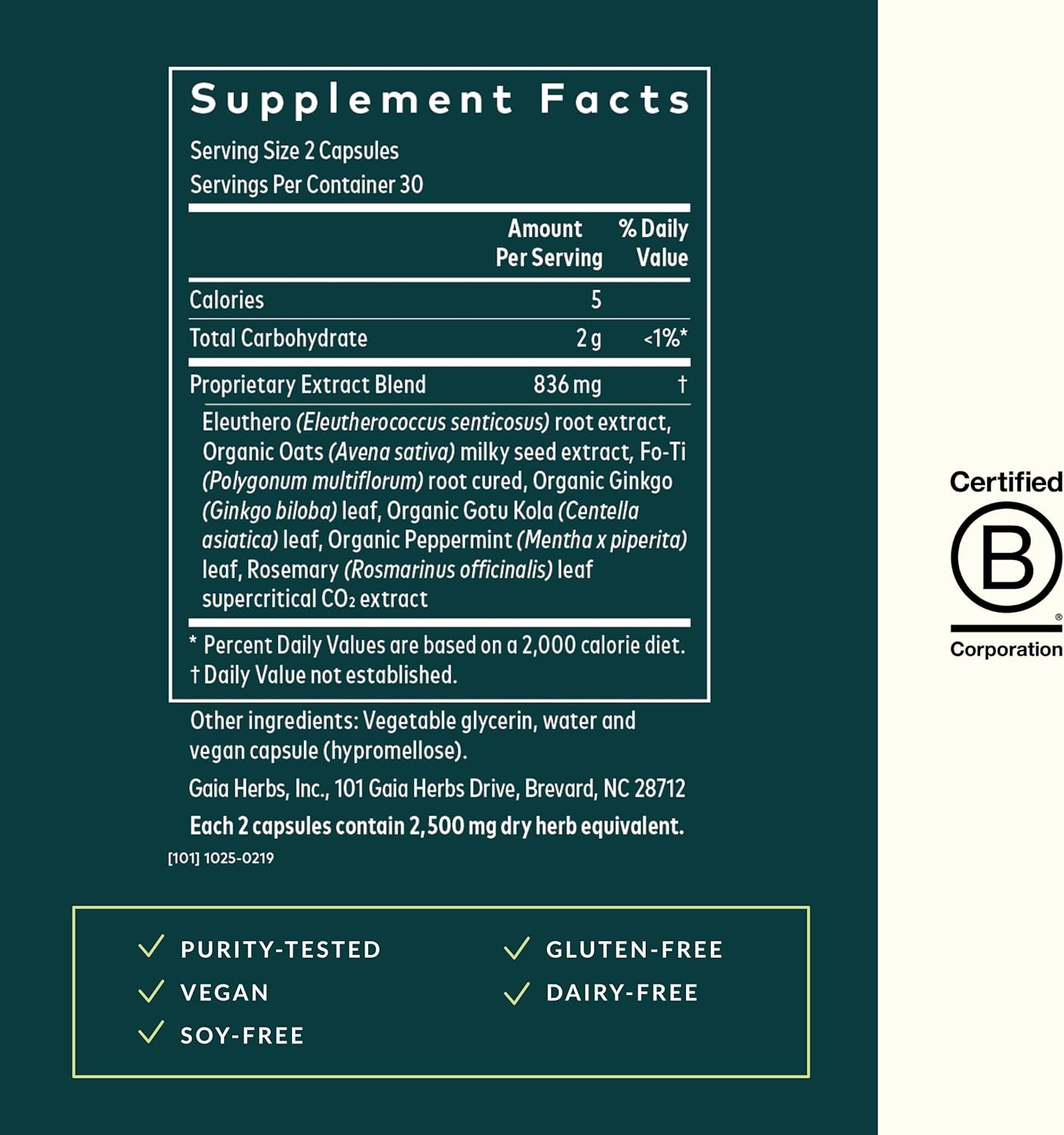 Organic Brain Support Supplement for Focus & Memory - Gaia Herbs Mental Alertness with Eleuthero, Ginkgo, Gotu Kola, Rosemary & Oats - 60 Vegan Caps
