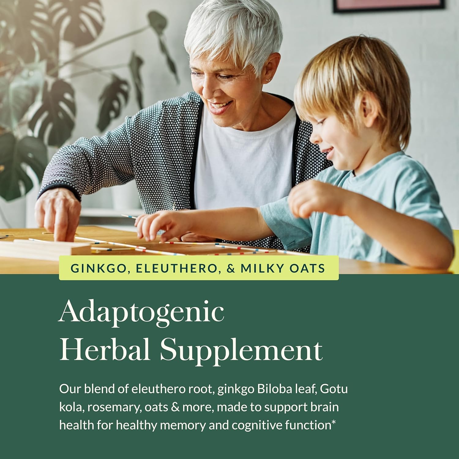 Organic Brain Support Supplement for Focus & Memory - Gaia Herbs Mental Alertness with Eleuthero, Ginkgo, Gotu Kola, Rosemary & Oats - 60 Vegan Caps