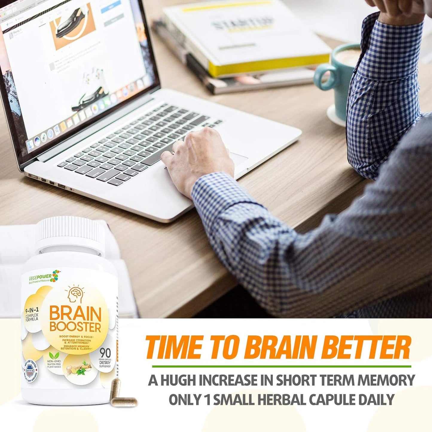 Organic Brain Support Supplement for Focus, Memory, and Energy - Vegan Nootropics with Guarana, Ginseng, Rhodiola Extract - 90 Capsules