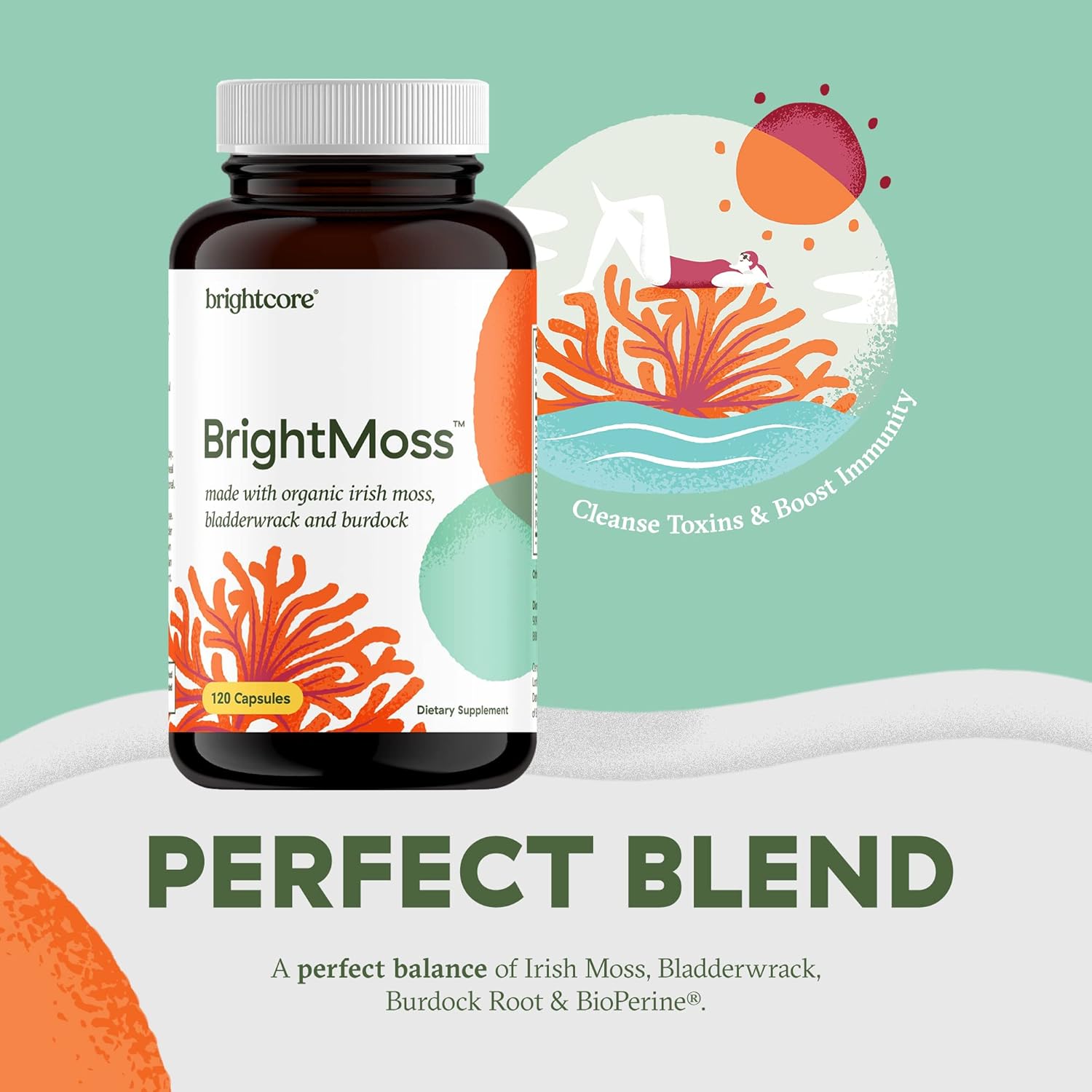 Organic BrightMoss Capsules with Sea Moss, Bladderwrack & Burdock Root for Gut Health & Immune Support - 120 Capsules
