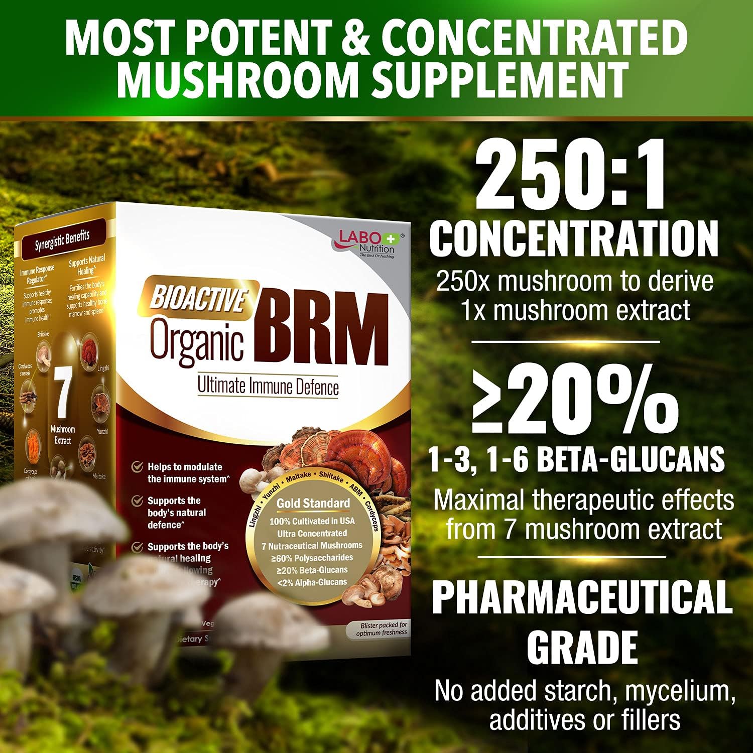 Organic BRM Immune Support Supplement with 6 Therapeutic Mushrooms for Natural Killer Cell Activity