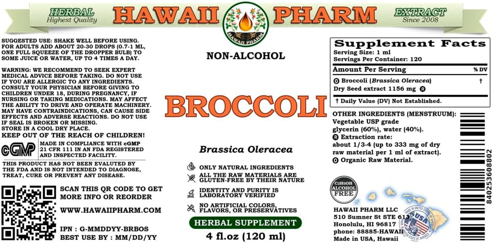 Organic Broccoli Seed Glycerite Liquid Extract - Alcohol-Free Herbal Supplement 4 oz - Hawaii Pharm