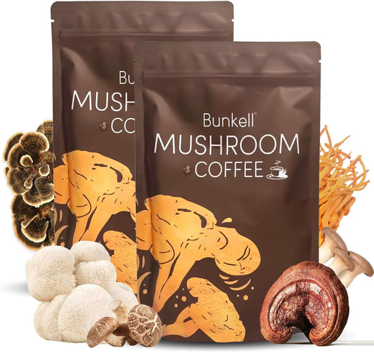 Organic Bunkell Mushroom Coffee Blend with 6 Mushrooms for Energy, Digestion, and Immune Support - 60 Servings, 2 Pack