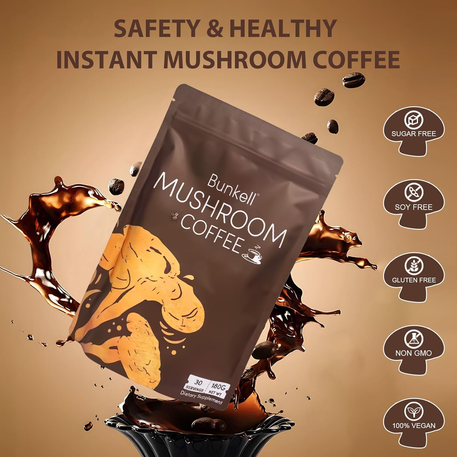 Organic Bunkell Mushroom Coffee Blend with 6 Mushrooms for Energy, Digestion, and Immune Support - 60 Servings, 2 Pack