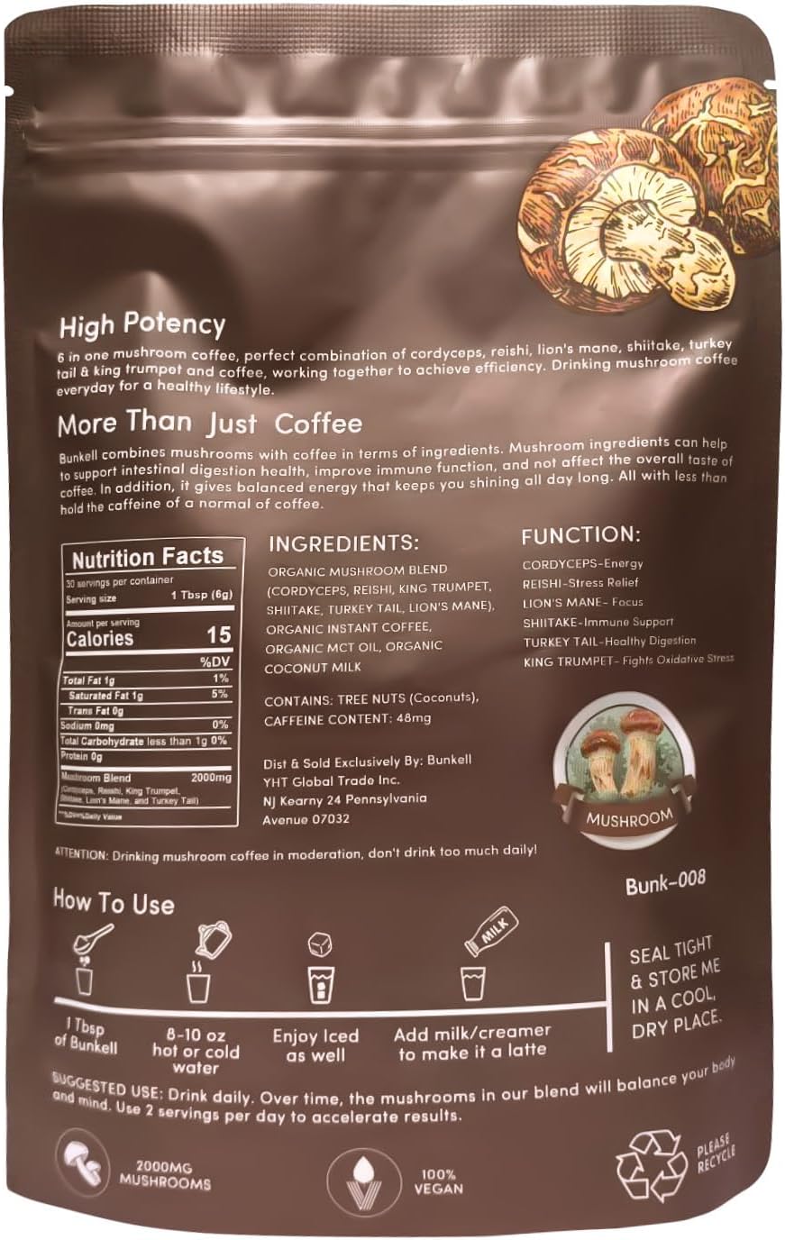 Organic Bunkell Mushroom Coffee Blend with 6 Mushrooms for Energy, Digestion, and Immune Support - 60 Servings, 2 Pack