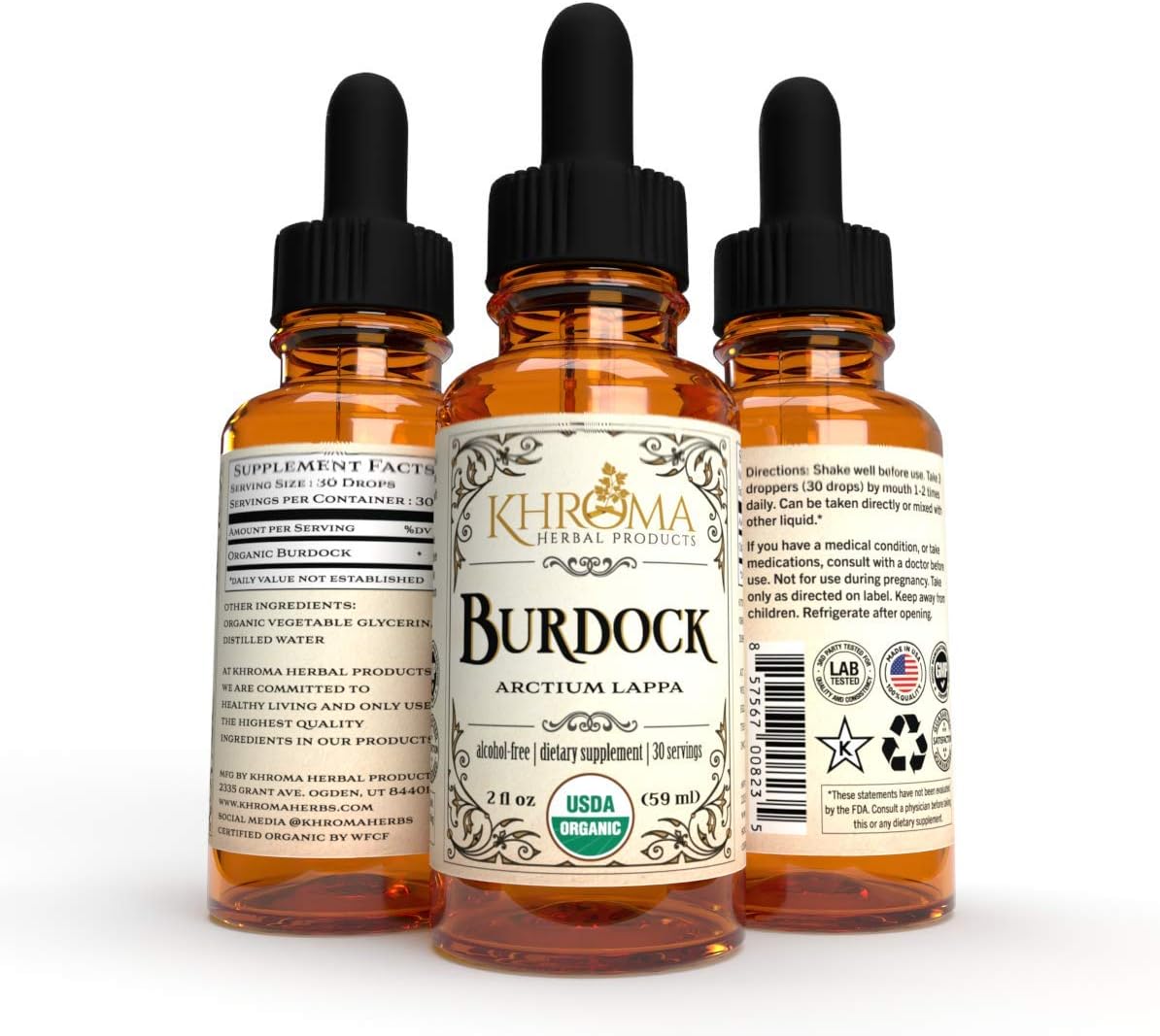 Organic Burdock Herbal Tincture - 2 oz Alcohol-Free Formula - 30 Servings by Khroma Herbal Products