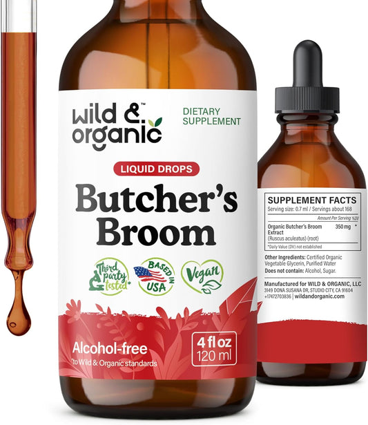 Organic Butchers Broom Tincture for Leg Support - Vegan Herbal Supplement - Ruscus Aculeatus Root Drops - Alcohol & Sugar-Free - 4 fl oz