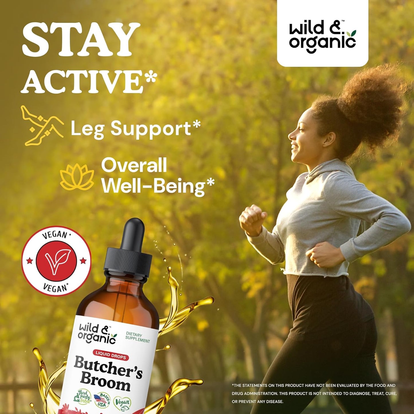 Organic Butchers Broom Tincture for Leg Support - Vegan Herbal Supplement - Ruscus Aculeatus Root Drops - Alcohol & Sugar-Free - 4 fl oz