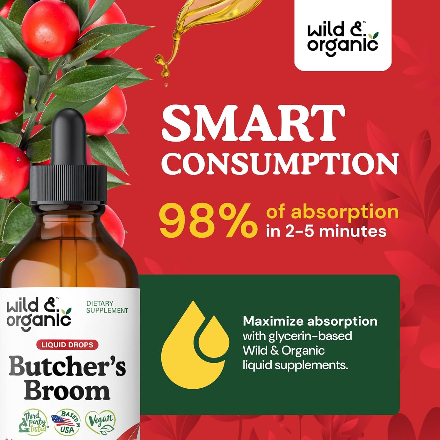 Organic Butchers Broom Tincture for Leg Support - Vegan Herbal Supplement - Ruscus Aculeatus Root Drops - Alcohol & Sugar-Free - 4 fl oz