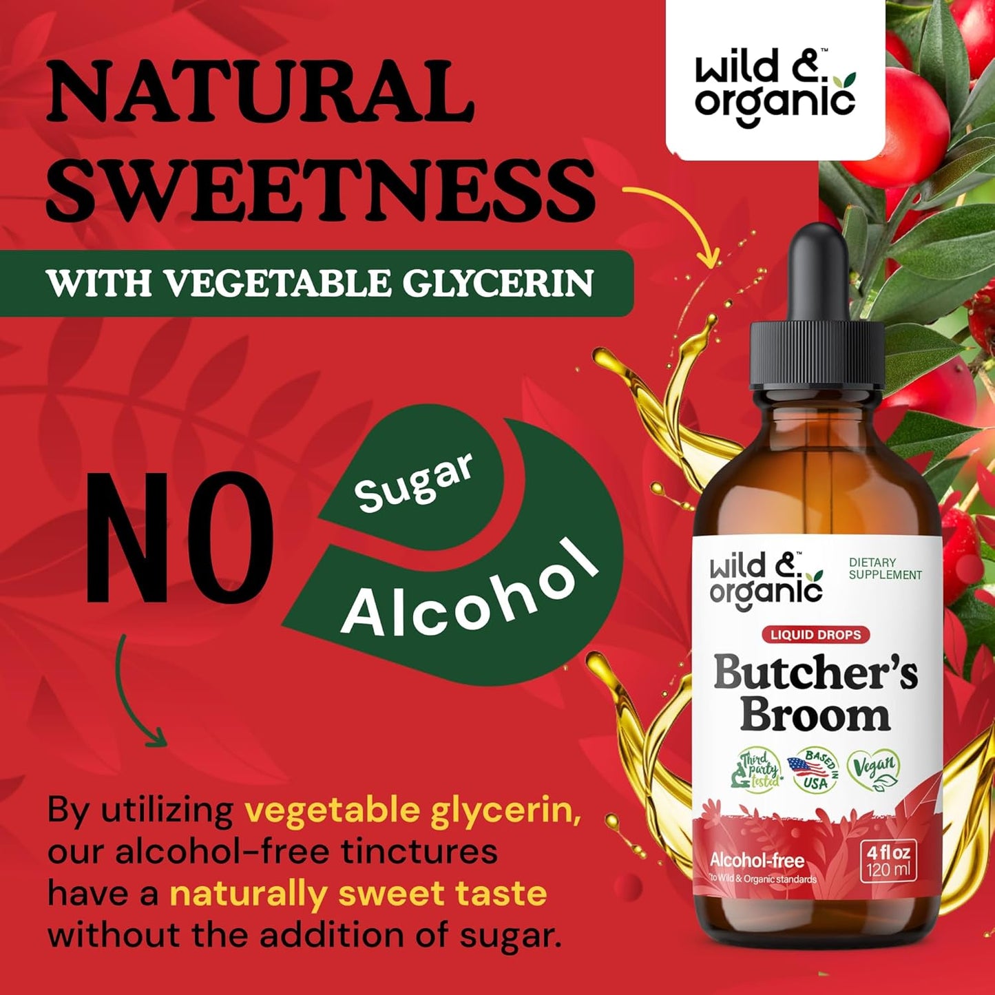 Organic Butchers Broom Tincture for Leg Support - Vegan Herbal Supplement - Ruscus Aculeatus Root Drops - Alcohol & Sugar-Free - 4 fl oz