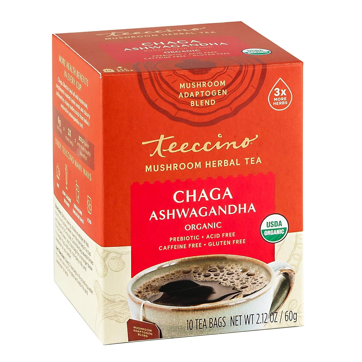 Organic Butterscotch Cream Chaga Ashwagandha Tea - Herbal Blend with Prebiotics, Caffeine-Free, Gluten-Free - 10 Tea Bags