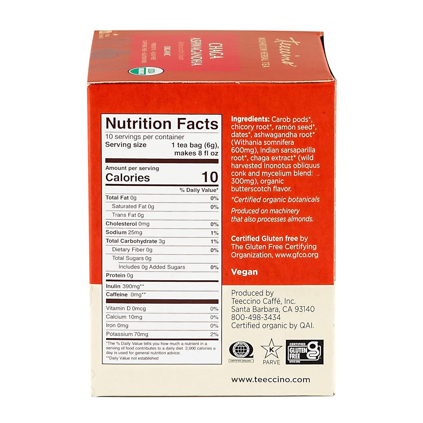 Organic Butterscotch Cream Chaga Ashwagandha Tea - Herbal Blend with Prebiotics, Caffeine-Free, Gluten-Free - 10 Tea Bags