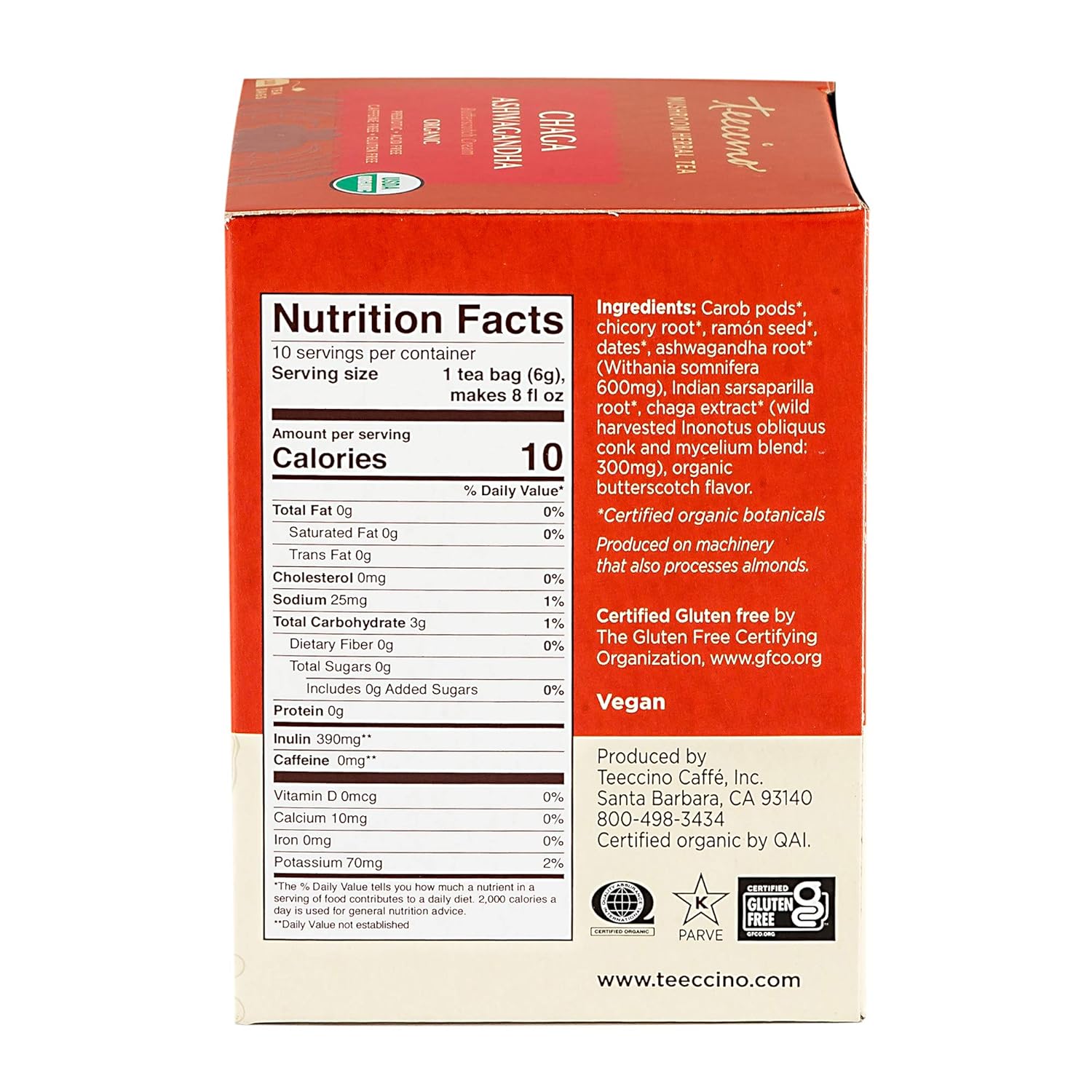 Organic Butterscotch Cream Chaga Ashwagandha Tea - Herbal Blend with Prebiotics, Caffeine-Free, Gluten-Free - 10 Tea Bags