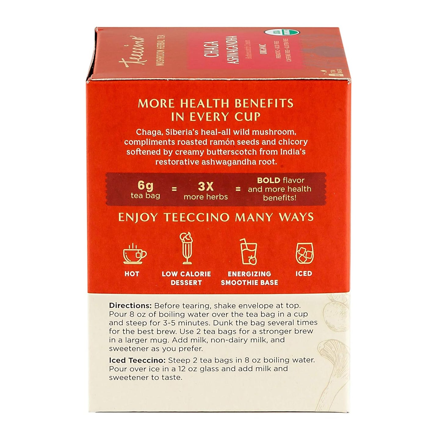 Organic Butterscotch Cream Chaga Ashwagandha Tea - Herbal Blend with Prebiotics, Caffeine-Free, Gluten-Free - 10 Tea Bags