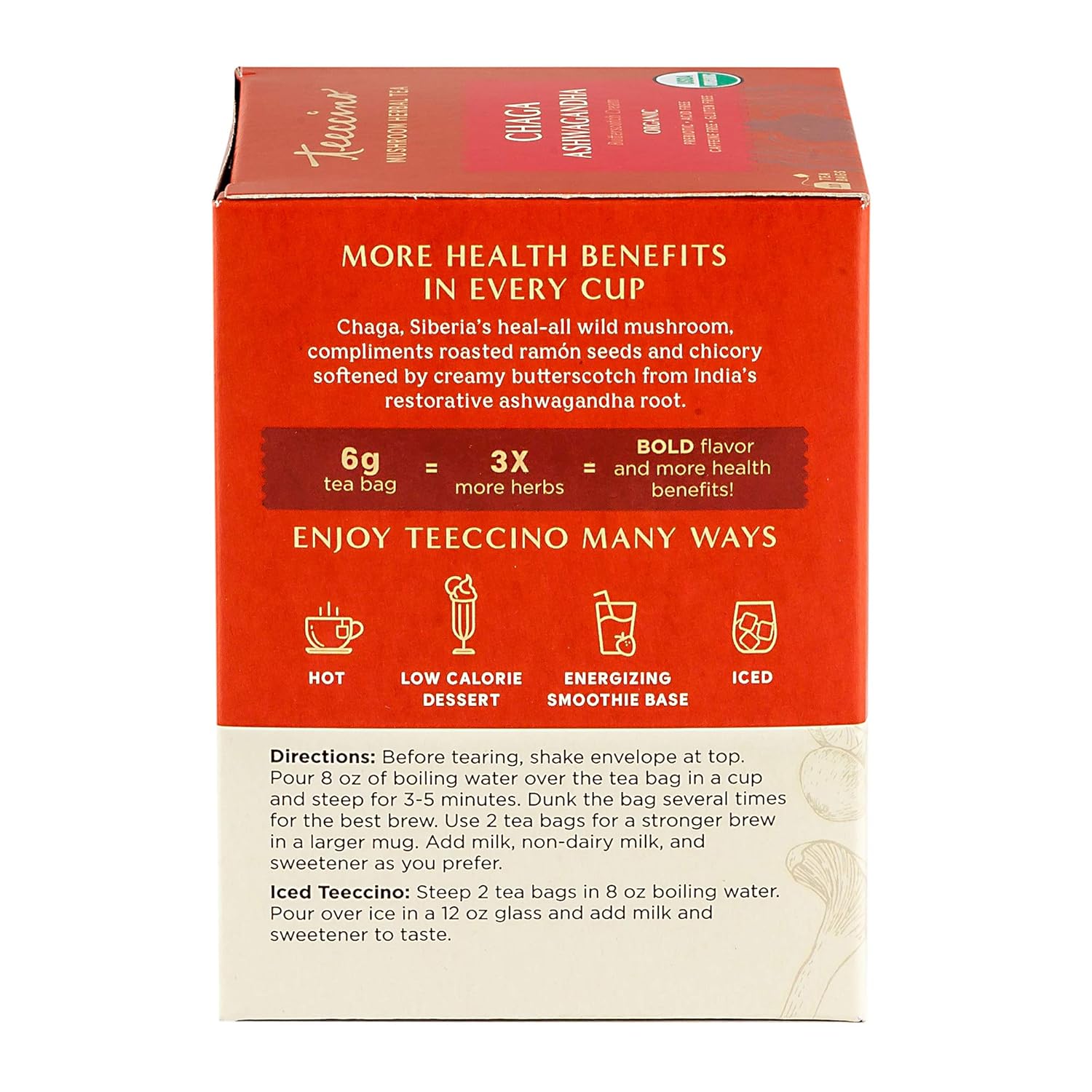 Organic Butterscotch Cream Chaga Ashwagandha Tea - Herbal Blend with Prebiotics, Caffeine-Free, Gluten-Free - 10 Tea Bags