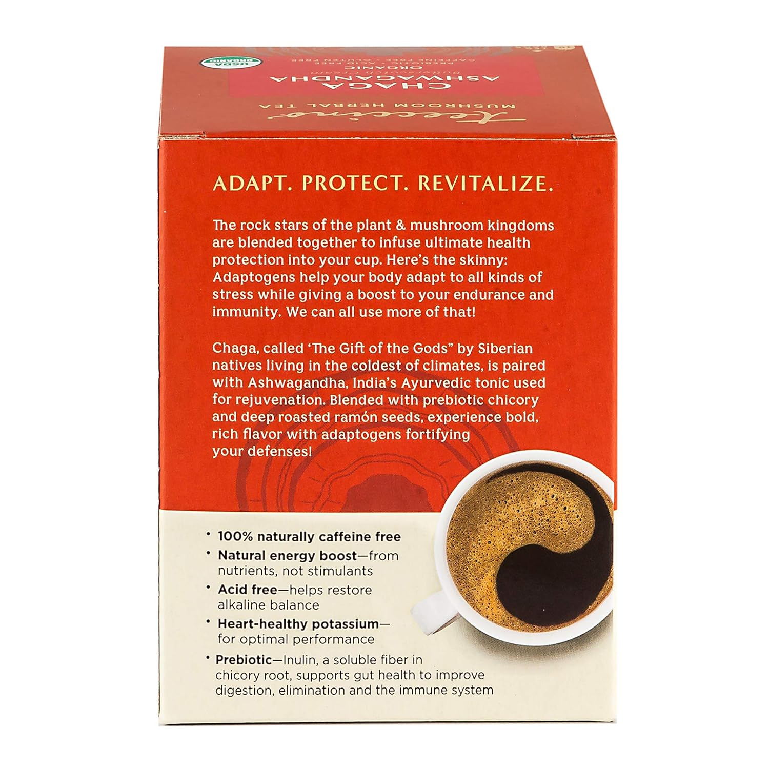 Organic Butterscotch Cream Chaga Ashwagandha Tea - Herbal Blend with Prebiotics, Caffeine-Free, Gluten-Free - 10 Tea Bags