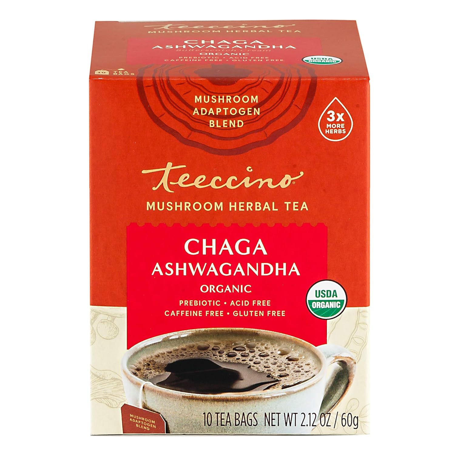 Organic Butterscotch Cream Chaga Ashwagandha Tea - Herbal Blend with Prebiotics, Caffeine-Free, Gluten-Free - 10 Tea Bags
