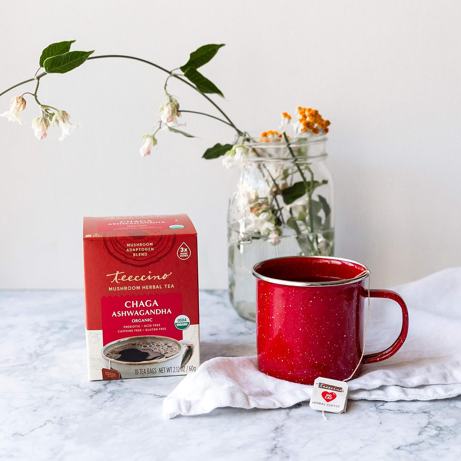 Organic Butterscotch Cream Chaga Ashwagandha Tea - Herbal Blend with Prebiotics, Caffeine-Free, Gluten-Free - 10 Tea Bags