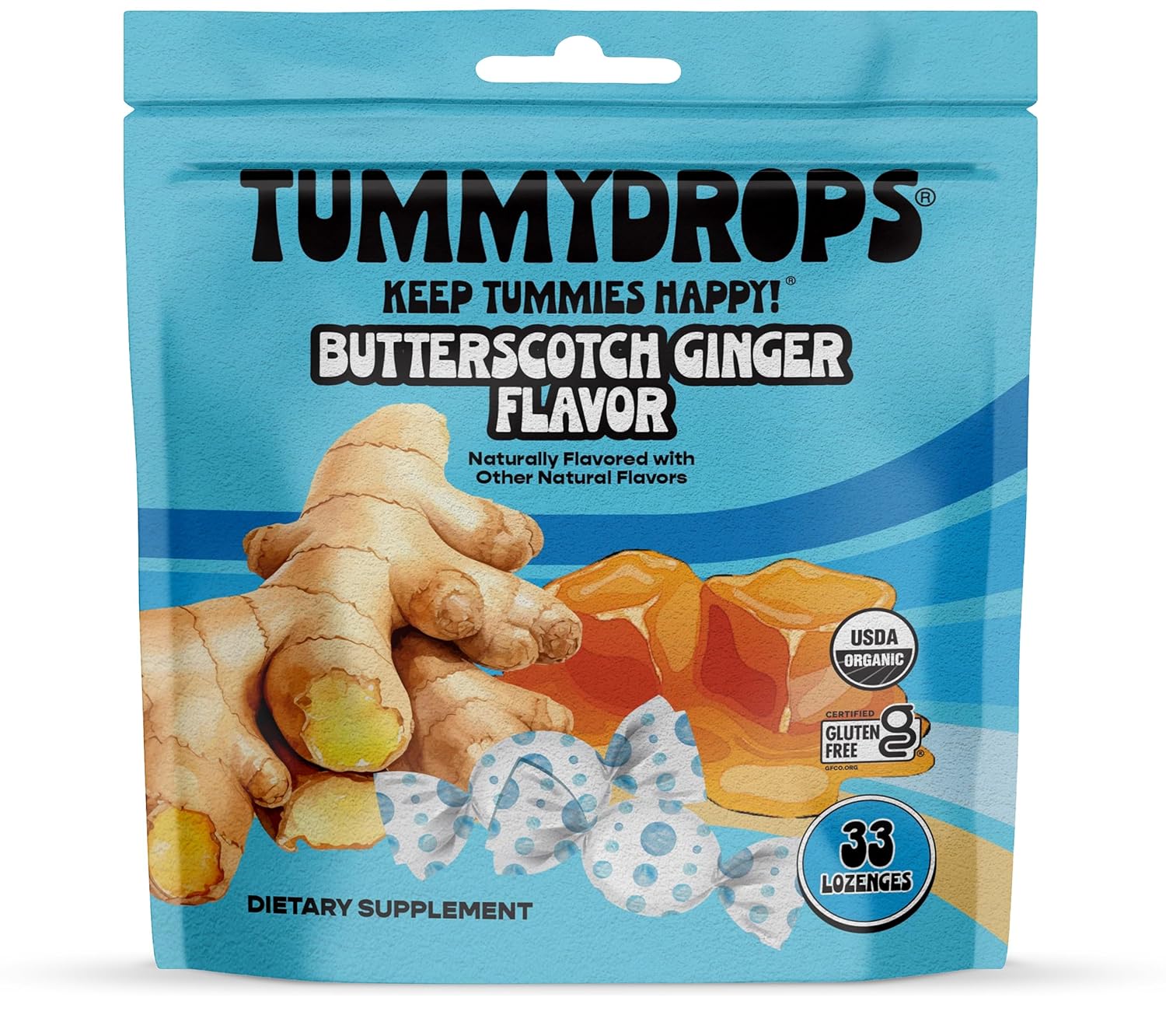 Organic Butterscotch Ginger Tummydrops - Gluten Free & Vegan Lozenges - 33 USDA Organic Ginger Flavored Drops